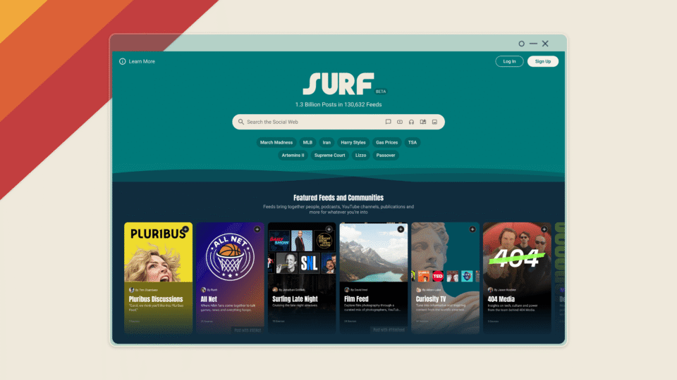 Image of the Surf website with the search bar and several user created feeds in a row.